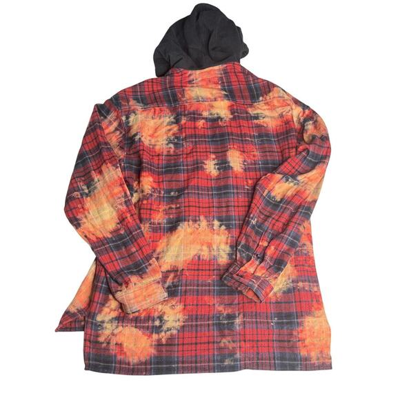 Urban Outfitters Mens Medium Bleached Hood Flannel Button-Down Shirt Red Orange - Picture 3 of 7